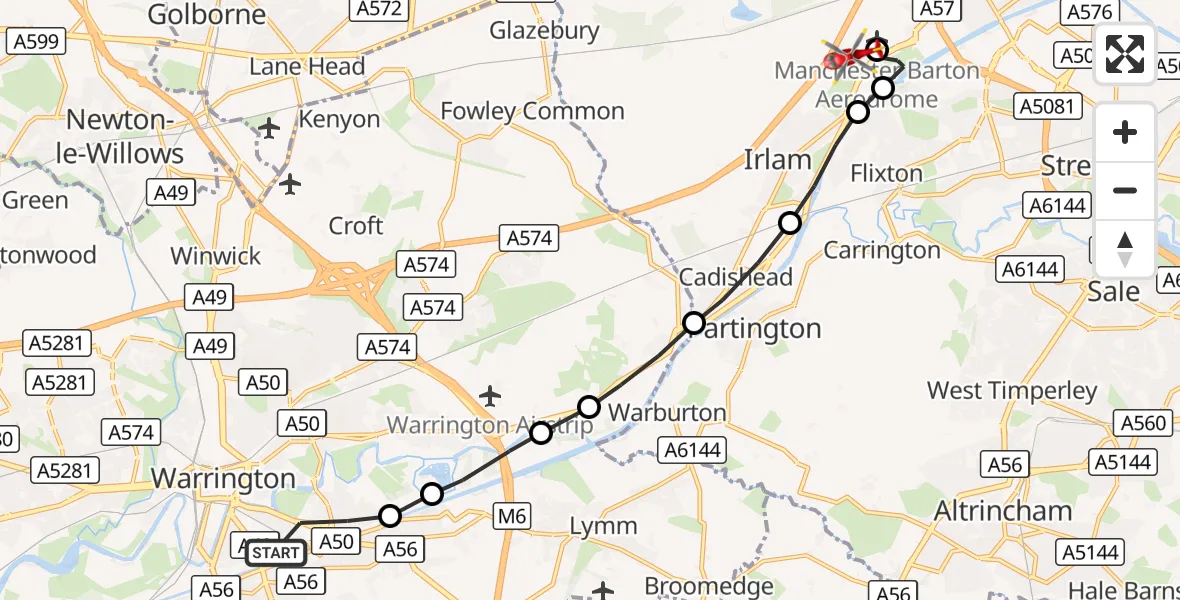 Flight route Air Ambulance Helicopter Warrington - Worsley, 08 August 2026, 14:49