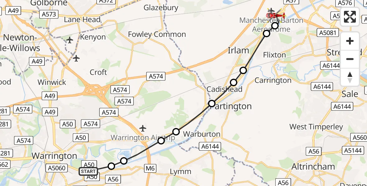 Flight route Air Ambulance Helicopter Warrington - Worsley, 08 August 2026, 14:49
