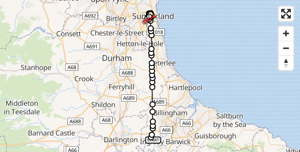 Flight route Air Ambulance Helicopter Egglescliffe - Millfield, 08 August 2026, 14:50