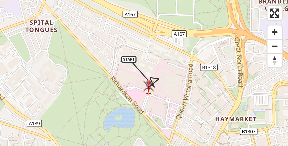 Flight route Air Ambulance Helicopter Newcastle Royal Victoria Infirmary - Newcastle Royal Victoria Infirmary, 08 August 2026, 15:02