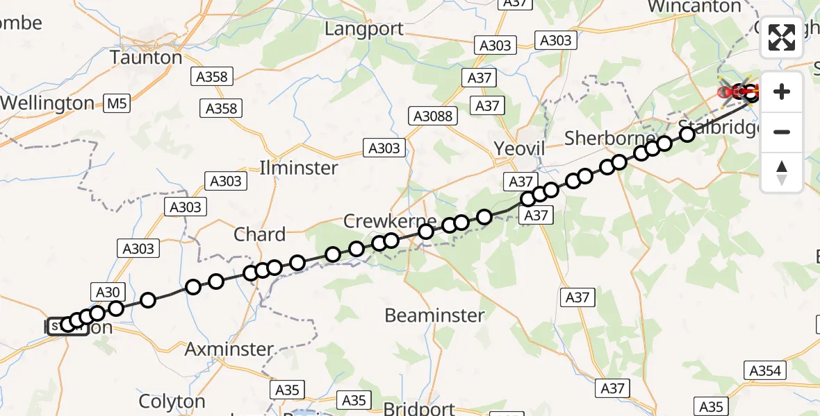 Flight route Air Ambulance Helicopter Honiton - Henstridge Airfield, 08 August 2026, 15:05