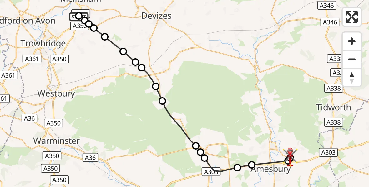 Flight route Air Ambulance Helicopter Wiltshire Air Ambulance - Bulford, 08 August 2026, 15:12
