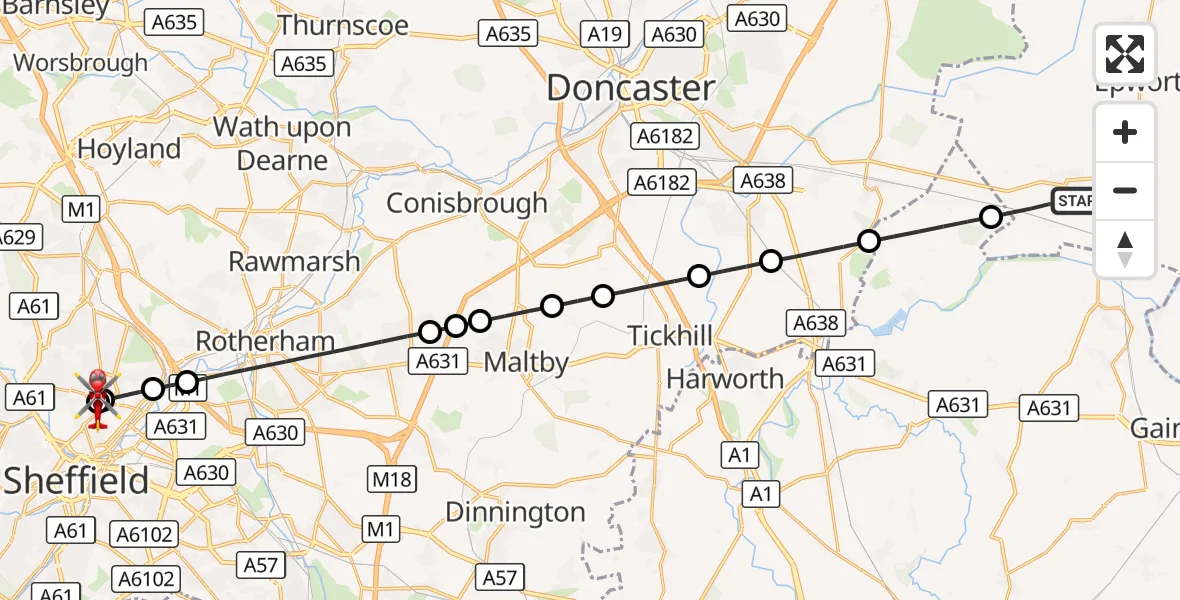 Flight route Air Ambulance Helicopter Westwoodside - Sheffield Northern Hospital, 08 August 2026, 15:12