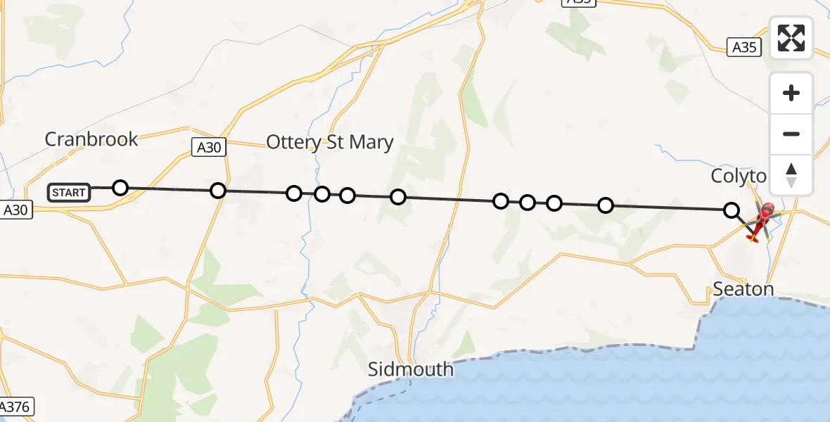 Flight route Air Ambulance Helicopter Exeter International Airport - Colyford, 08 August 2026, 15:17