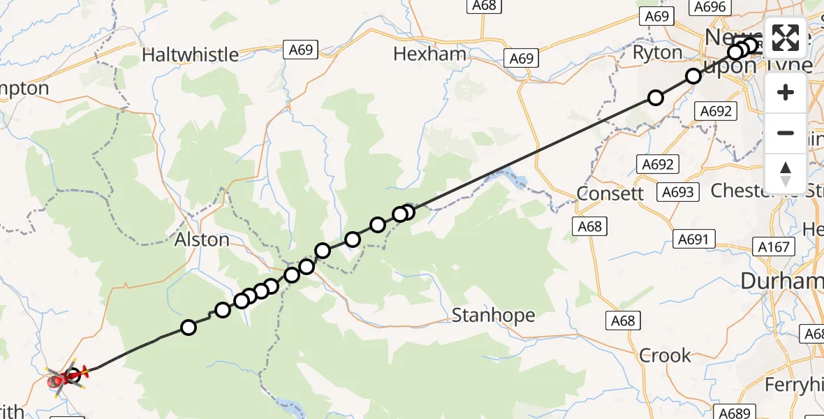 Flight route Air Ambulance Helicopter Newcastle Royal Victoria Infirmary - Melmerby, 08 August 2026, 15:18