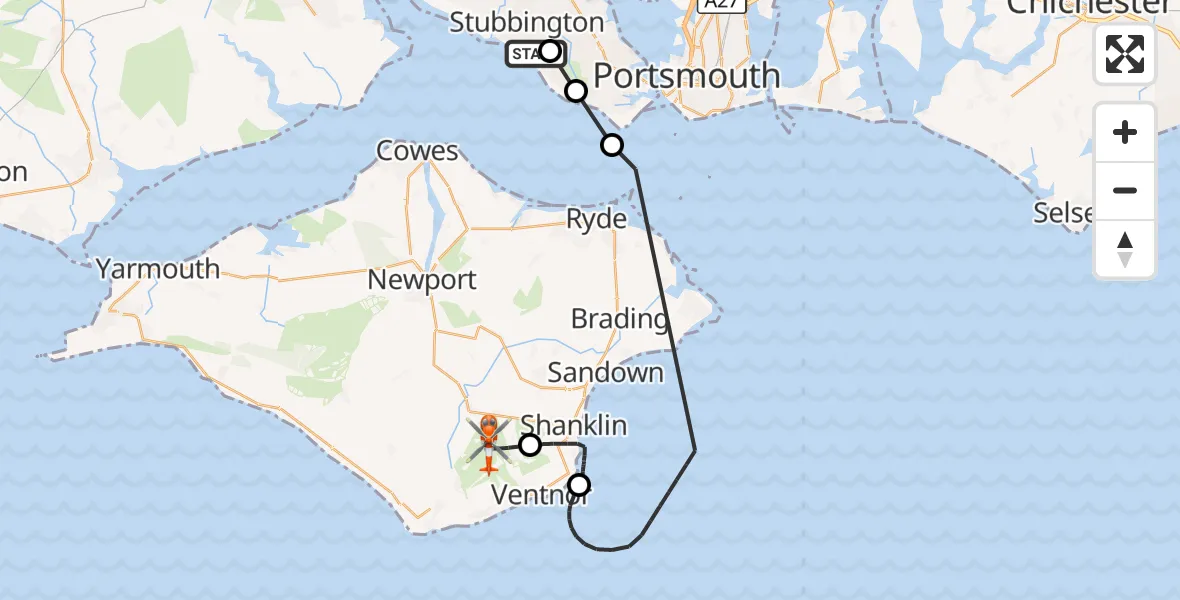 Flight route Coastguard Helicopter Solent Airport - Wroxall, 08 August 2026, 15:20