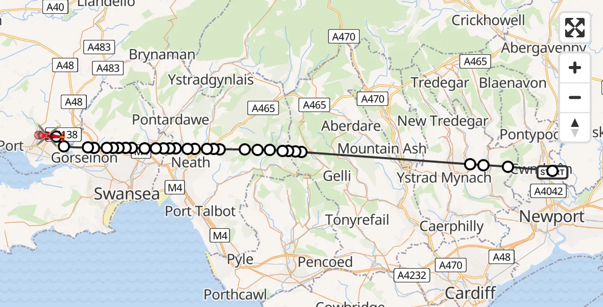 Flight route Air Ambulance Helicopter Grange University Hospital Heliport - Dafen, 08 August 2026, 15:21