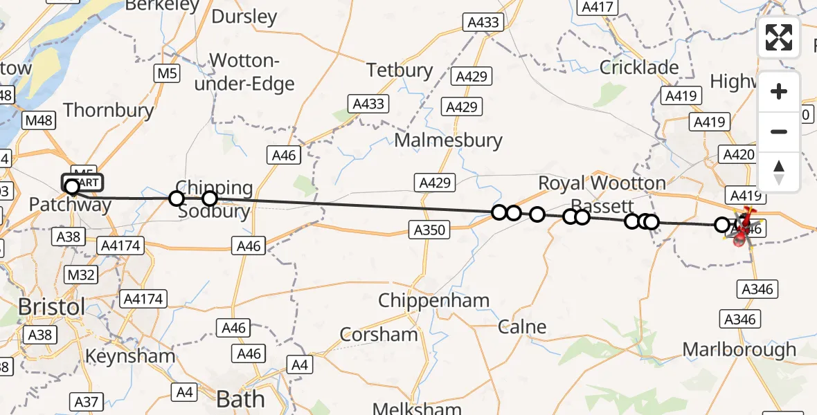 Flight route Air Ambulance Helicopter Almondsbury Helicopter Base - Badbury, 08 August 2026, 15:22