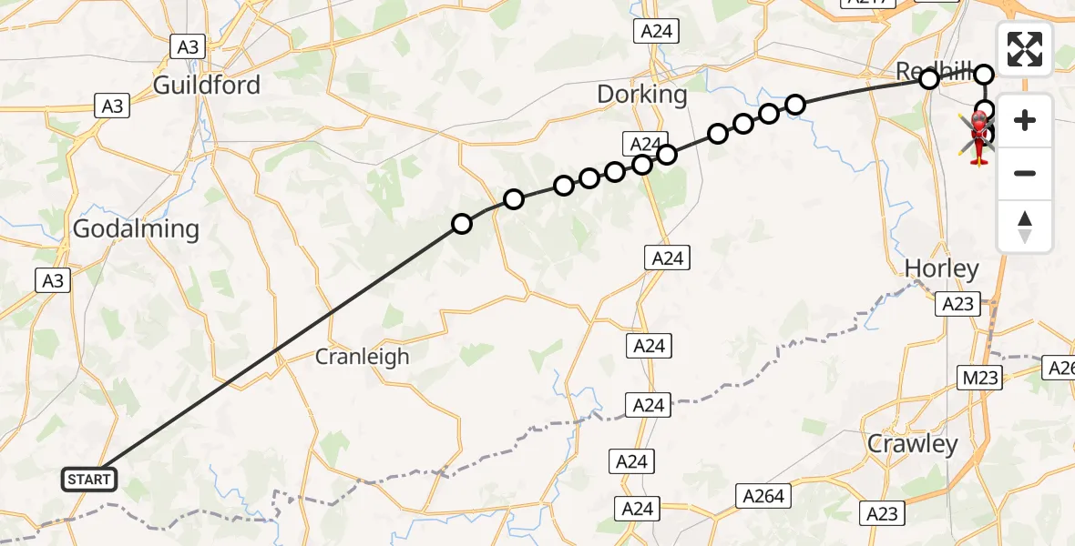 Flight route Air Ambulance Helicopter Chiddingfold - Redhill Aerodrome, 08 August 2026, 15:23