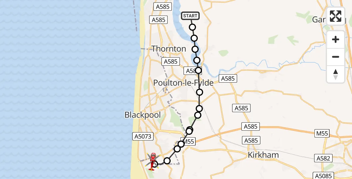 Flight route Air Ambulance Helicopter Preesall - Blackpool Airport, 08 August 2026, 15:32