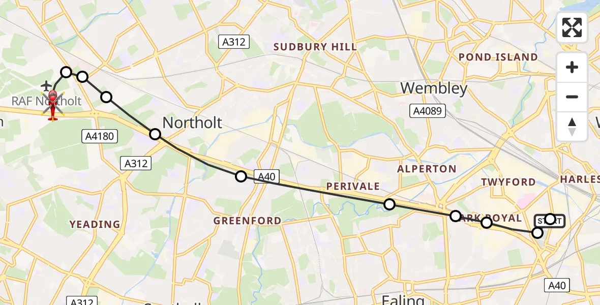 Flight route Air Ambulance Helicopter Park Royal - RAF Northolt, 08 August 2026, 15:42