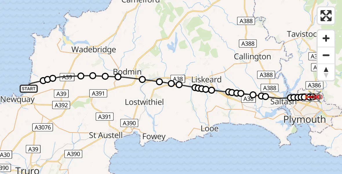 Flight route Air Ambulance Helicopter Newquay - Derriford Hospital, 08 August 2026, 15:50