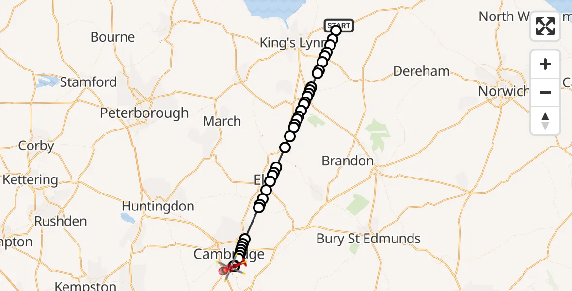 Flight route Air Ambulance Helicopter Hillington - Papworth Hospital, 08 August 2026, 15:51