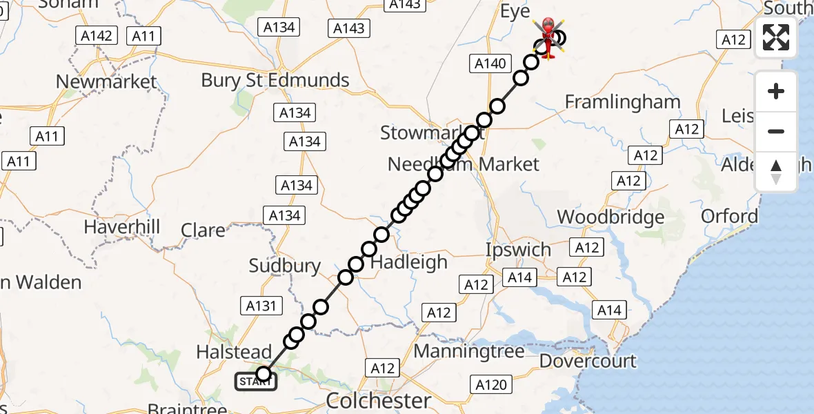 Flight route Air Ambulance Helicopter Earls Colne Airfield - Redlingfield, 08 August 2026, 15:54