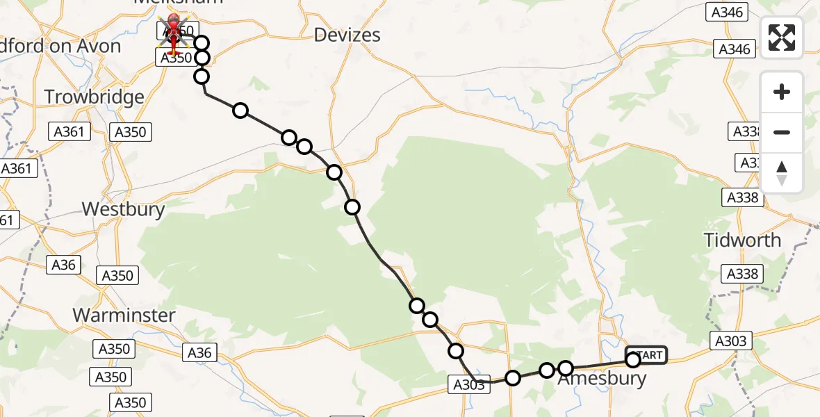 Flight route Air Ambulance Helicopter Bulford - Wiltshire Air Ambulance, 08 August 2026, 15:55