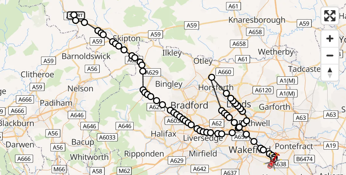 Flight route Air Ambulance Helicopter Hellifield - YAA Nostell Helicopter Port, 08 August 2026, 15:55