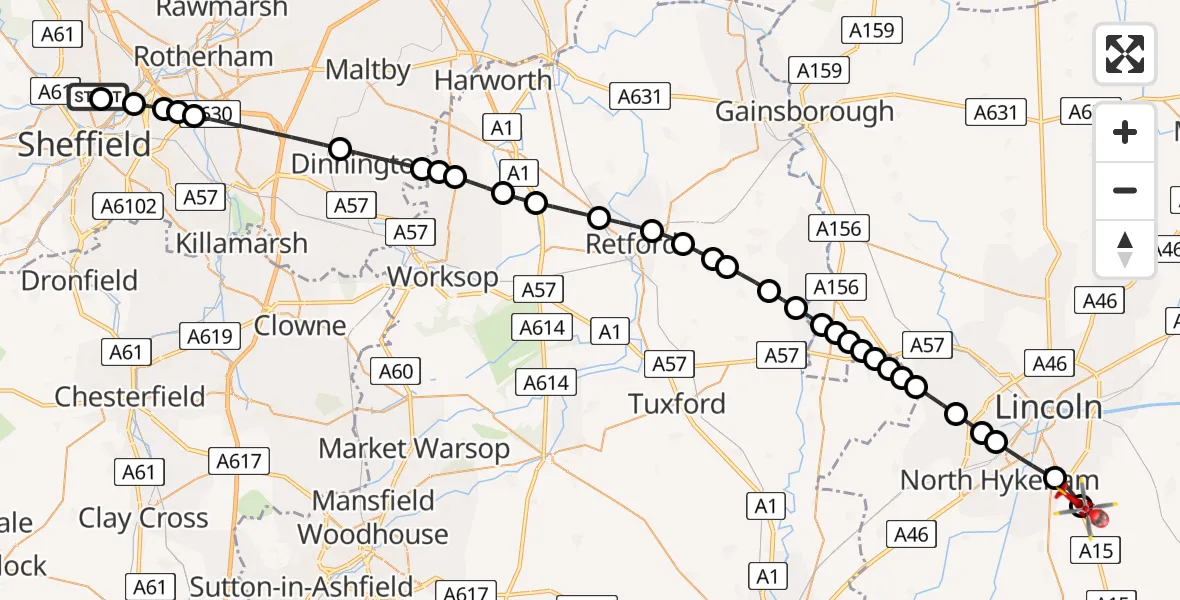 Flight route Air Ambulance Helicopter Sheffield Northern Hospital - North Kesteven, 08 August 2026, 15:55