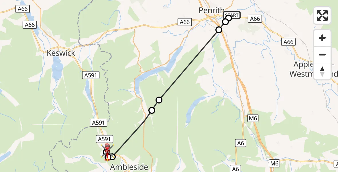 Flight route Air Ambulance Helicopter Brougham - Rydal, 08 August 2026, 16:05