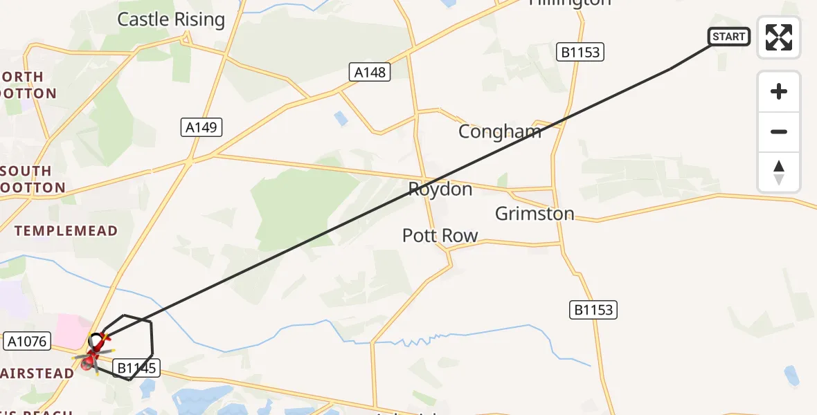 Flight route Air Ambulance Helicopter Hillington - King's Lynn and West Norfolk, 08 August 2026, 16:17