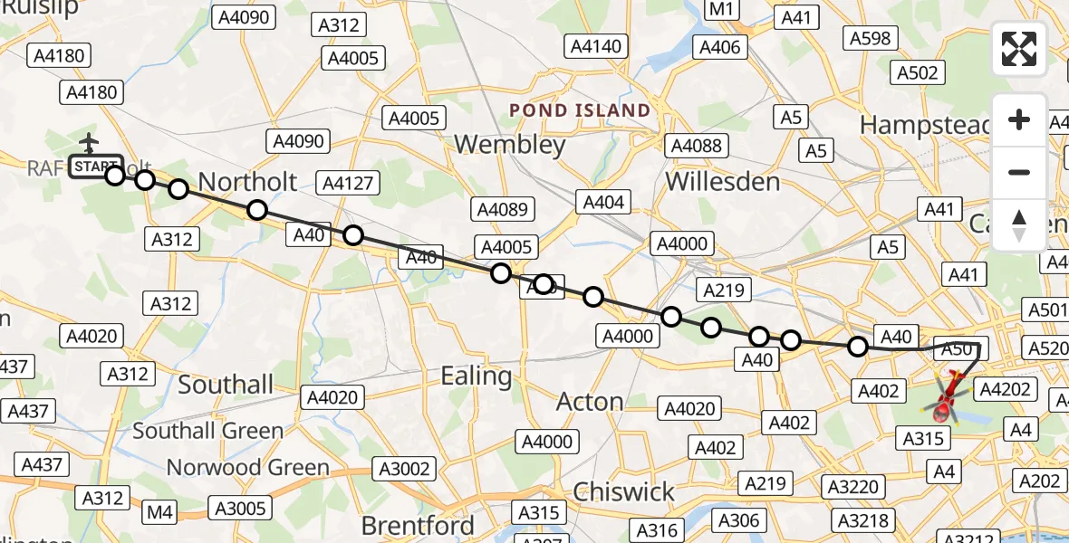 Flight route Air Ambulance Helicopter RAF Northolt - City of Westminster, 08 August 2026, 16:20