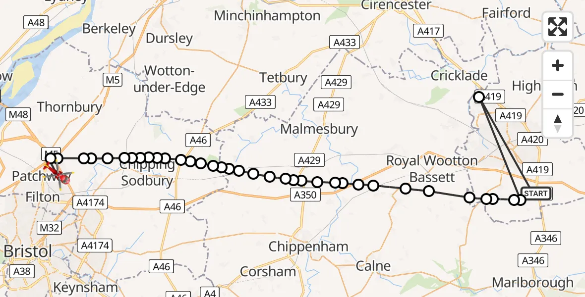 Flight route Air Ambulance Helicopter Badbury - Bristol, 08 August 2026, 16:22