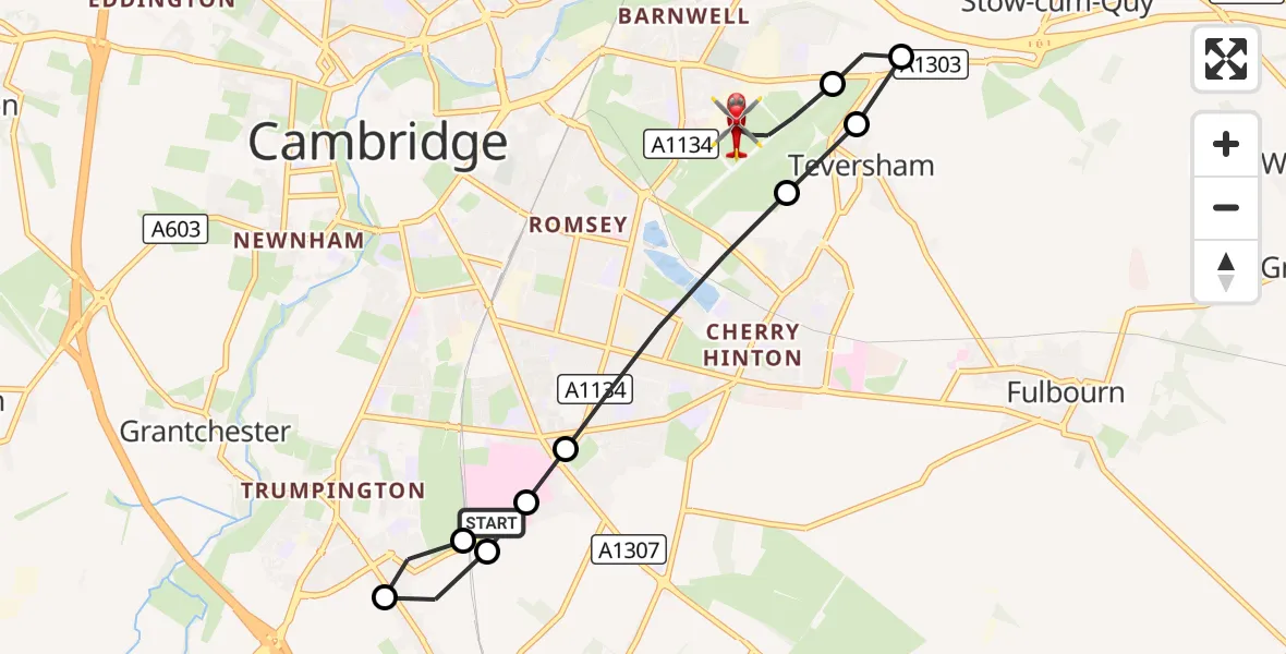 Flight route Air Ambulance Helicopter Papworth Hospital - Cambridge City Airport, 08 August 2026, 16:31