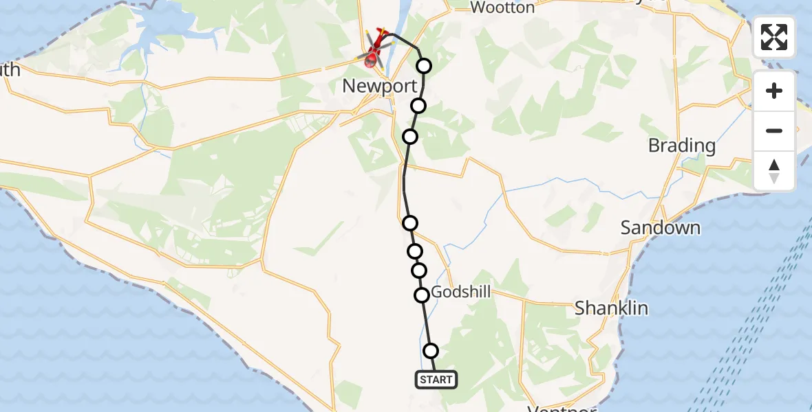 Flight route Air Ambulance Helicopter Stockbridge Airstrip - Newport, 08 August 2026, 16:34