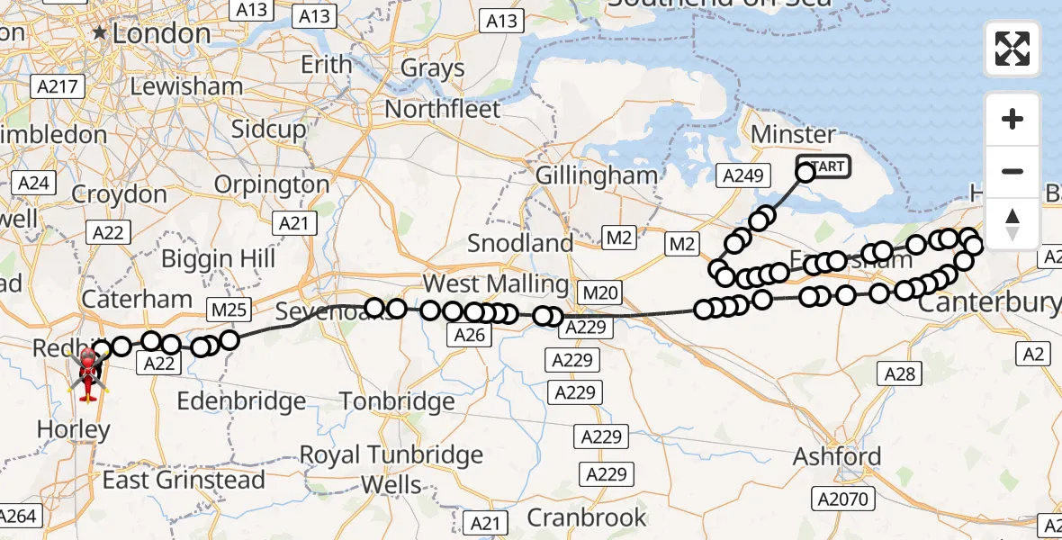 Flight route Air Ambulance Helicopter Eastchurch - Redhill Aerodrome, 08 August 2026, 16:38
