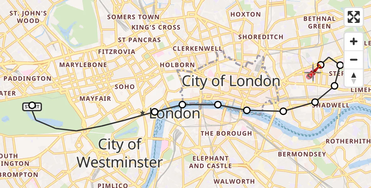 Flight route Air Ambulance Helicopter City of Westminster - Royal London Hospital, 08 August 2026, 16:39