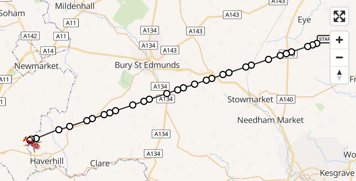 Flight route Air Ambulance Helicopter Redlingfield - Withersfield, 08 August 2026, 16:40