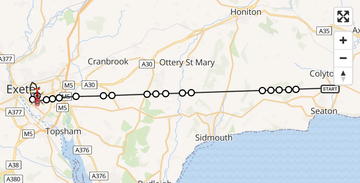 Flight route Air Ambulance Helicopter Colyford - Royal Devon & Exeter Hospital, 08 August 2026, 16:42