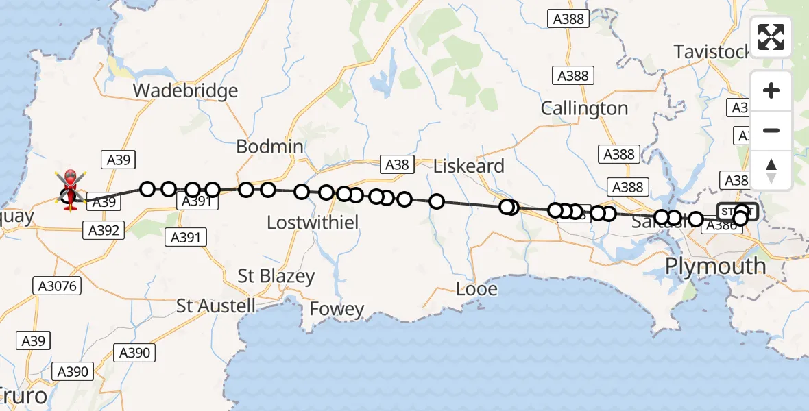 Flight route Air Ambulance Helicopter Derriford Hospital - Cornwall Airport Newquay, 08 August 2026, 16:44