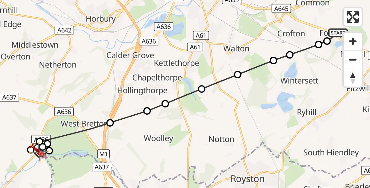 Flight route Air Ambulance Helicopter YAA Nostell Helicopter Port - Denby Dale, 08 August 2026, 17:19