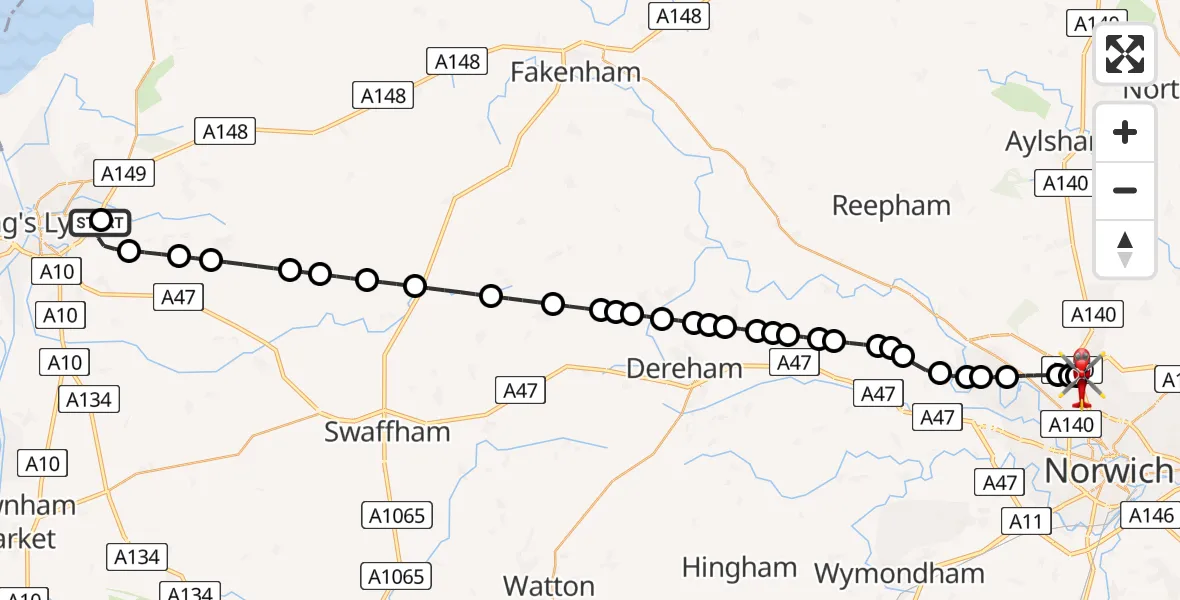 Flight route Air Ambulance Helicopter Queen Elizabeth Hospital - Norwich Airport, 08 August 2026, 17:19