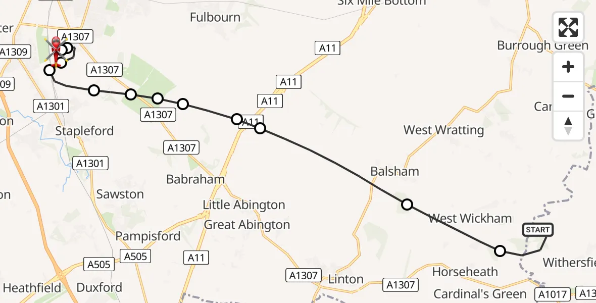 Flight route Air Ambulance Helicopter Withersfield - Papworth Hospital, 08 August 2026, 17:32
