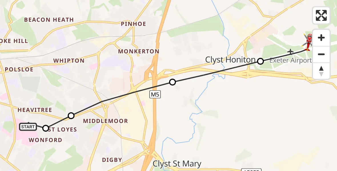 Flight route Air Ambulance Helicopter Royal Devon & Exeter Hospital - Exeter International Airport, 08 August 2026, 17:42