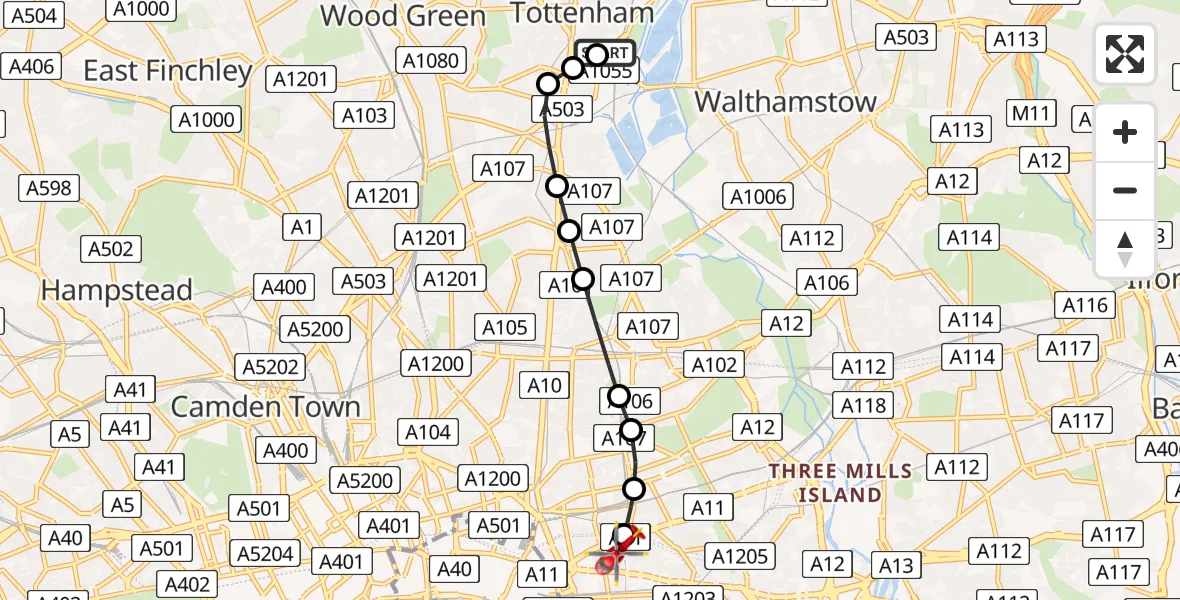 Flight route Air Ambulance Helicopter Haringey - Royal London Hospital, 08 August 2026, 17:43