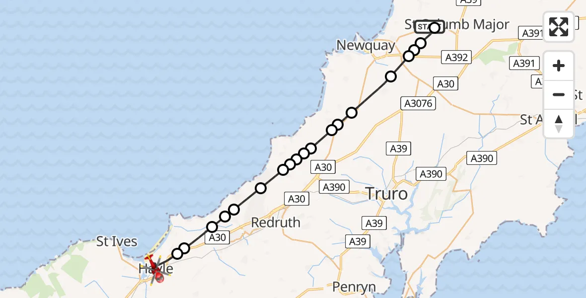 Flight route Air Ambulance Helicopter Cornwall Airport Newquay - Hayle, 08 August 2026, 17:43