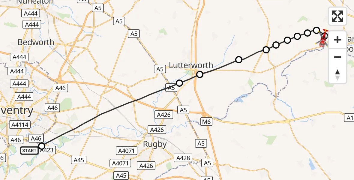 Flight route Air Ambulance Helicopter Coventry Airport - Lubenham, 08 August 2026, 18:08
