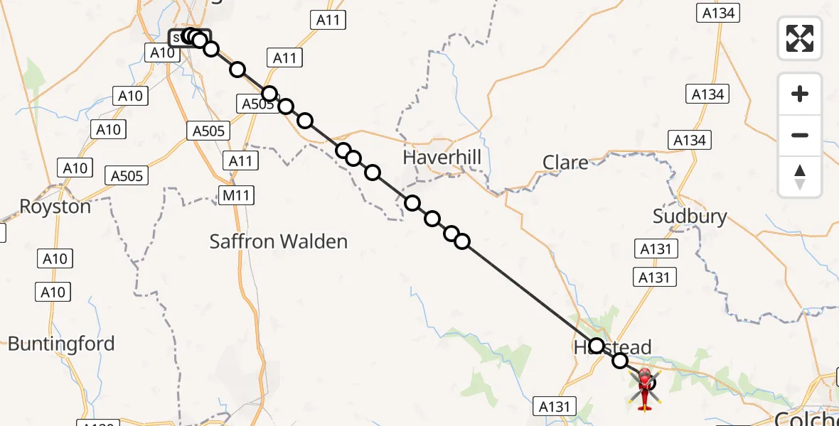 Flight route Air Ambulance Helicopter Papworth Hospital - Earls Colne Airfield, 08 August 2026, 18:17