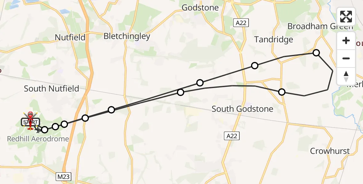 Flight route Air Ambulance Helicopter Redhill Aerodrome - Redhill Aerodrome, 08 August 2026, 18:23