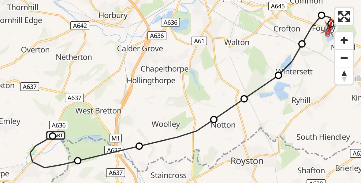 Flight route Air Ambulance Helicopter Denby Dale - YAA Nostell Helicopter Port, 08 August 2026, 18:26
