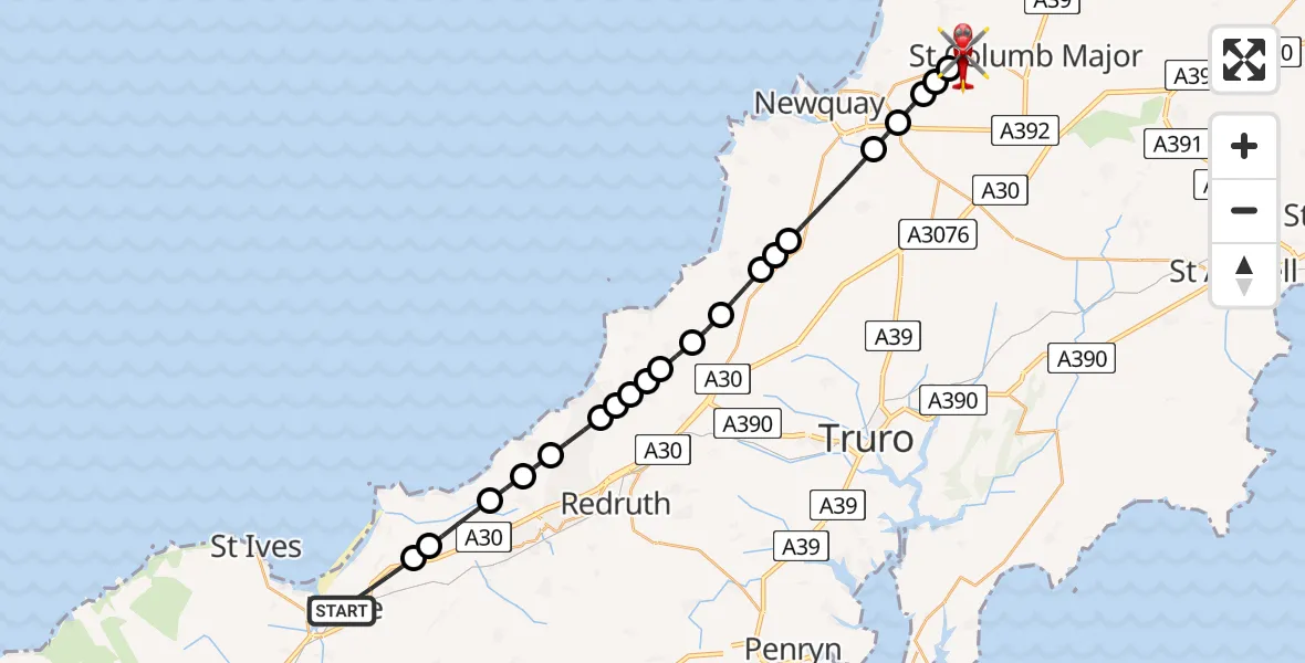 Flight route Air Ambulance Helicopter Hayle - Cornwall Airport Newquay, 08 August 2026, 18:26