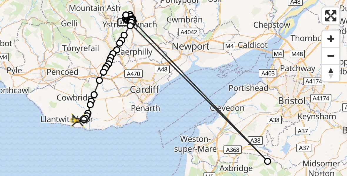 Flight route Police Helicopter Ystrad Mynach - MOD St Athan, 08 August 2026, 18:41
