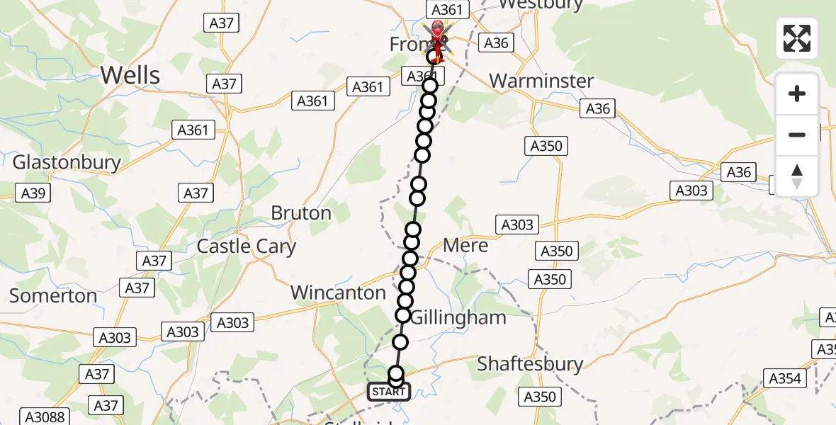 Flight route Air Ambulance Helicopter Henstridge Airfield - Frome, 08 August 2026, 18:42