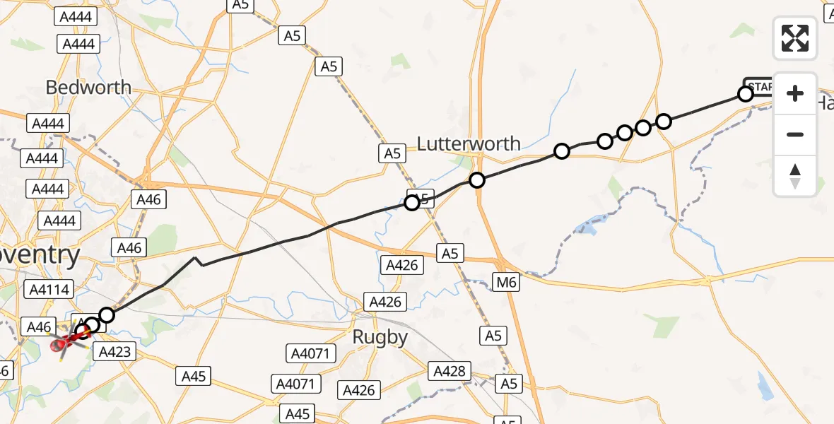 Flight route Air Ambulance Helicopter Lubenham - Coventry Airport, 08 August 2026, 18:45