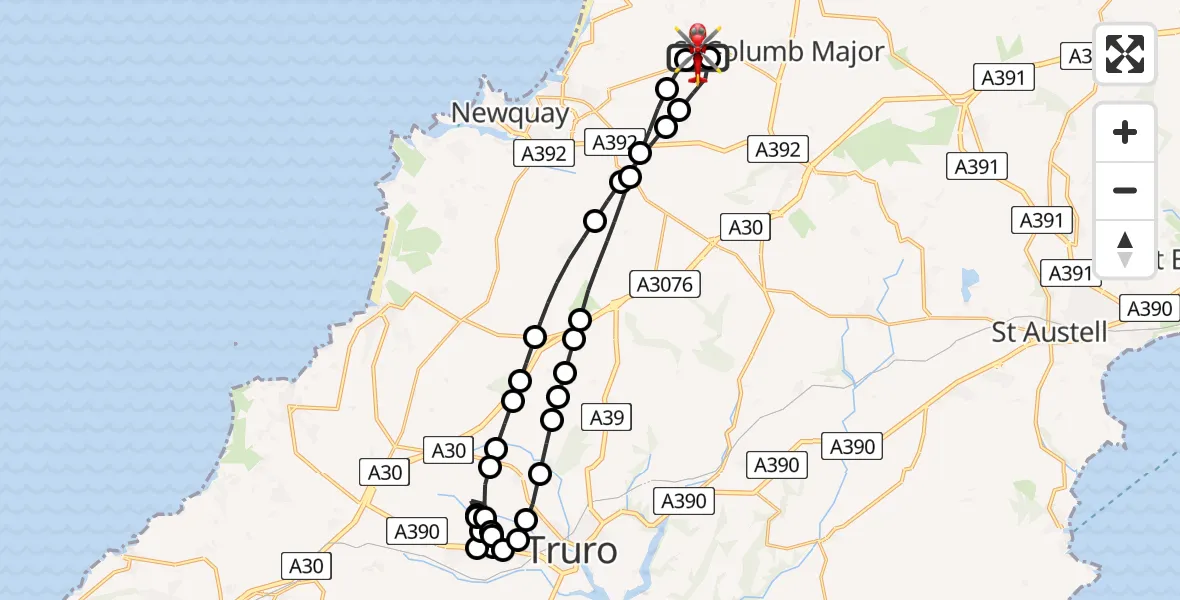 Flight route Air Ambulance Helicopter Cornwall Airport Newquay - Cornwall Airport Newquay, 08 August 2026, 19:00