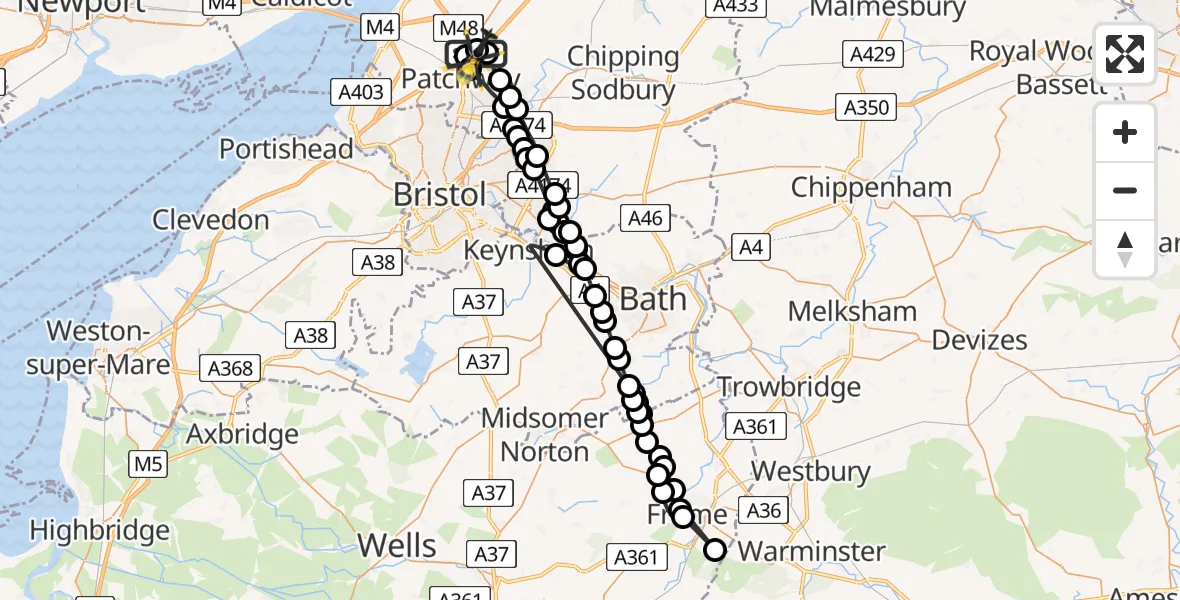 Flight route Police Helicopter Almondsbury Helicopter Base - Almondsbury Helicopter Base, 08 August 2026, 19:00