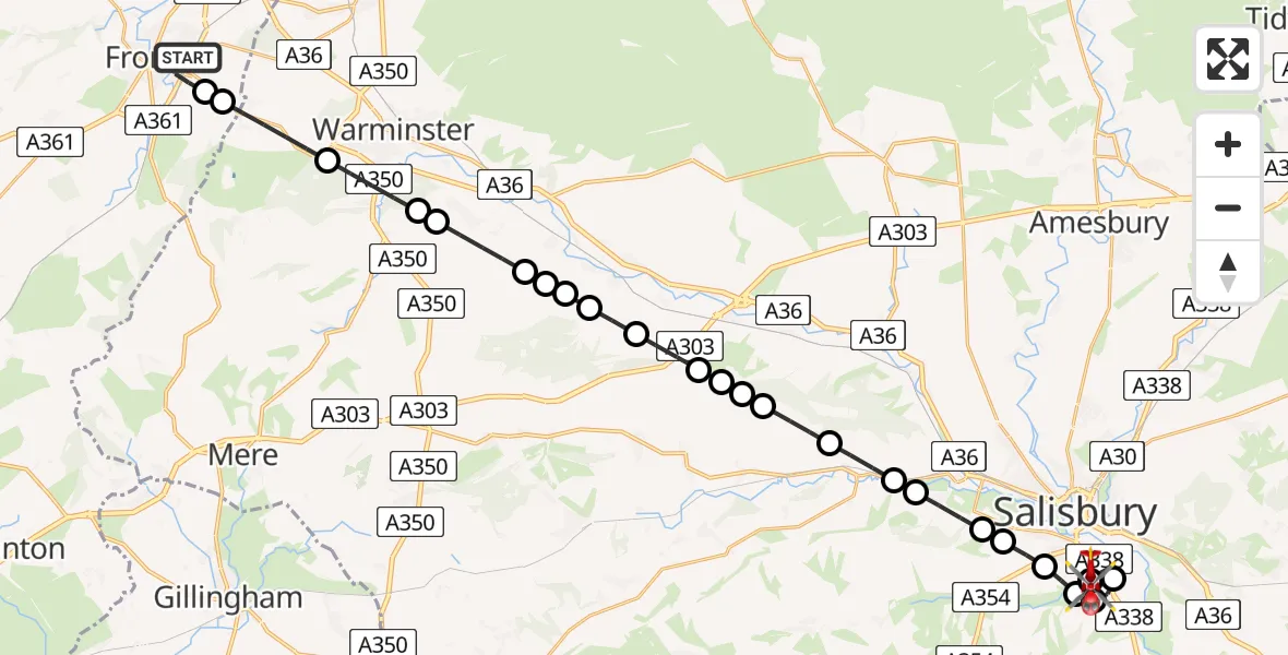 Flight route Air Ambulance Helicopter Frome - Salisbury District Hospital, 08 August 2026, 19:32