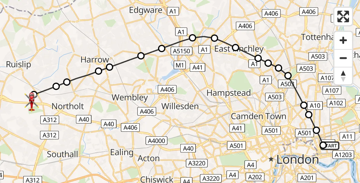 Flight route Air Ambulance Helicopter Royal London Hospital - RAF Northolt, 08 August 2026, 19:43